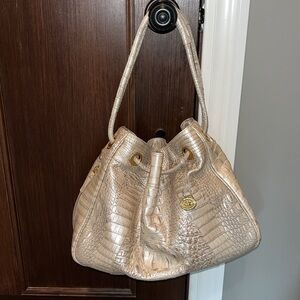 Brahmin leather neutral metallic slouchy drawstring satchel purse handbag